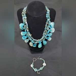 BARSE Mother Pearl Turquoise 925 Sterling Silver 3 Layer 18" Necklace & Bracelet